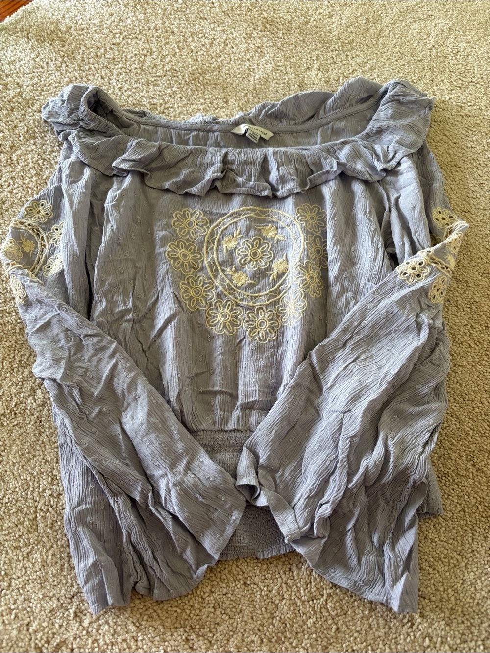 American Eagle Outfitters Light Purple Off-Shoulder Embroidered Top